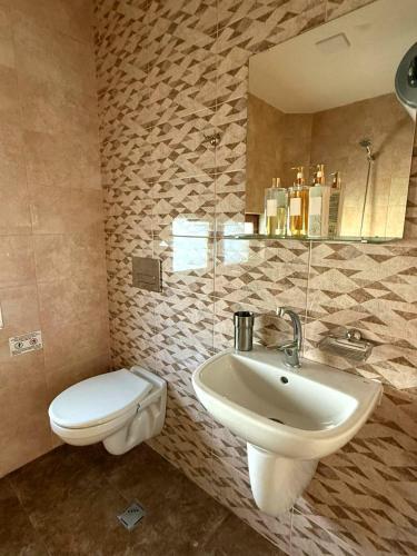 a bathroom with a sink and a toilet and a mirror at Вила Планински перли, Дом 11 in Stoykite