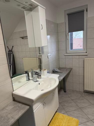 a bathroom with a white sink and a mirror at APARTMAN i SOBA HADELA in Sveti Martin na Muri