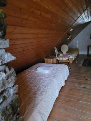 a bed in a room with a wooden ceiling at Alte Schmiede in Halver