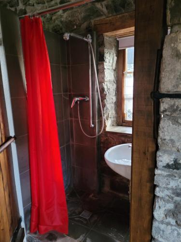 a bathroom with a red shower curtain and a sink at Alte Schmiede in Halver