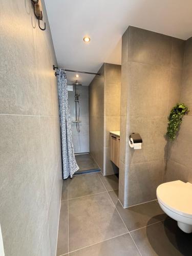 a bathroom with a toilet and a shower at Studio Watertoren in Goes