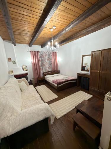 a bedroom with two beds and a table at Olympia Cozy House in Palaios Panteleimonas