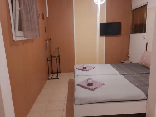 une chambre avec deux lits et une télévision au mur dans l'établissement Apartment Simple Center, à Ohrid