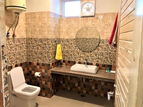a bathroom with a sink and a toilet and a mirror at Devdar Heights in Jagatsukh