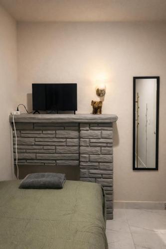 a television on top of a brick fireplace in a room at Riio Shores in Miami