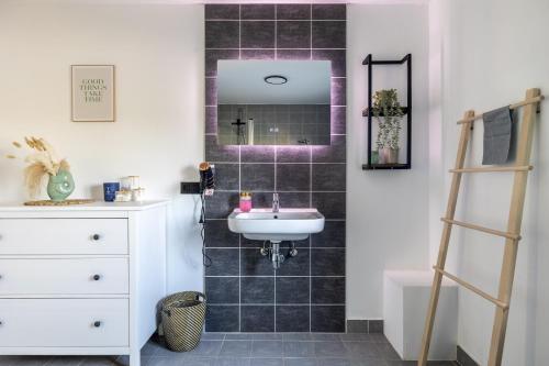 a bathroom with a sink and a mirror at Warvinge 73 in De Haan