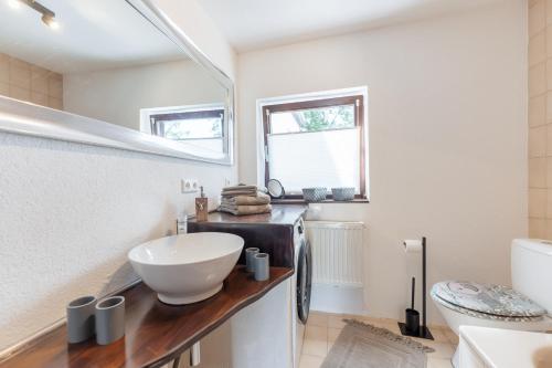 a bathroom with a bowl sink on a counter at Haus MALEA by Wohn-Zeit - über 200 Betten im Umkreis von 87700 Memmingen in Fellheim