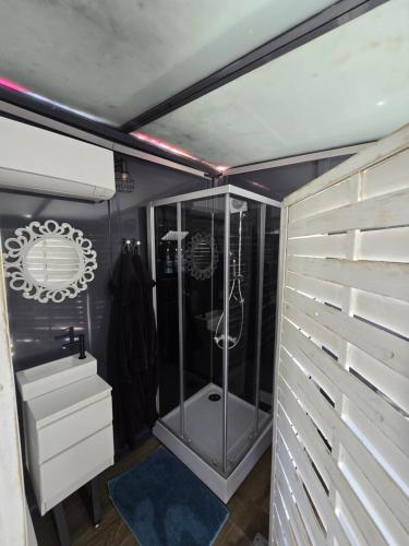 a bathroom with a shower and a sink at Spa Ibiza Dosrius - Bungalow con Jacuzzi y Piscina privada in Canyamás