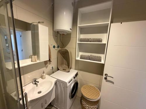 a bathroom with a sink and a washing machine at Eda's Home in Mitrovica