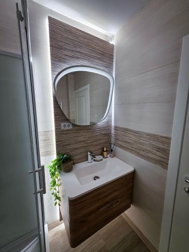 a bathroom with a sink and a mirror at Luxury Central Studio in Craiova