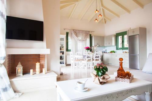 a living room with a fireplace and a kitchen at Ktima Aniforeli Luxury Villas in Sivota