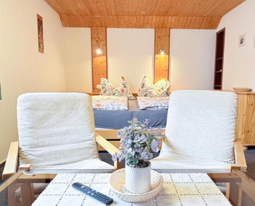 a living room with two chairs and a bed at Pension a apartmány Hanna in Železná Ruda