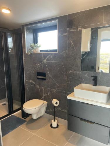a bathroom with a toilet and a sink at Golden Circle Panorama Chalet in Selfoss