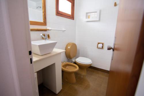 a bathroom with a toilet and a sink at Hosteria Hostal del Esquiador in San Martín de los Andes