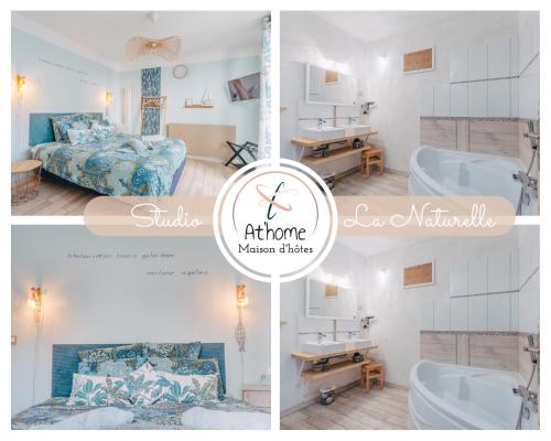 a collage of four pictures of a bedroom and a bathroom at Maison d'hôtes "At'Home" in Ault