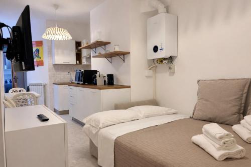 a small room with a bed and a kitchen at La casa di Sally - Silenzioso Bilocale in centro in Trieste