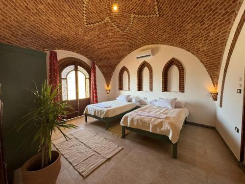 a large room with two beds and a plant in it at Sahari house in Al Aqālitah