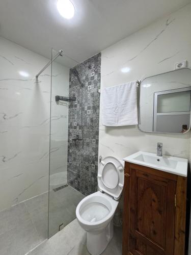 a bathroom with a shower and a toilet and a sink at Riad El abrar in Salé