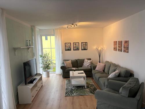 a living room with a couch and a tv at Ferienwohnung Heinrichshofen in Heinrichshofen