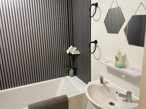a bathroom with a sink and a tub and a toilet at Lovely 2 bed apartment sleeps 5 in Abingdon