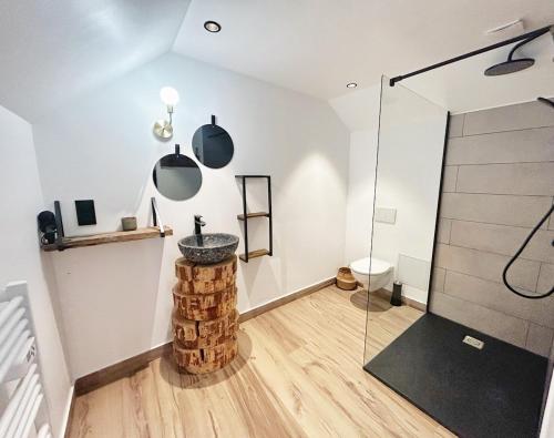 a bathroom with a sink and a toilet in a room at Le petit refuge in Allos