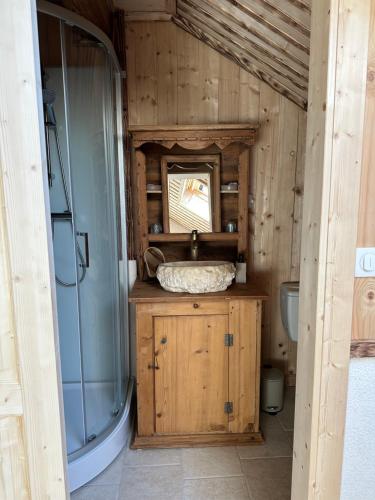 a bathroom with a sink and a shower at L'écho des Artois in Uzelle