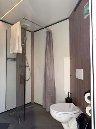 a bathroom with a shower and a toilet and a tub at Camping Pier10 in Bourscheid