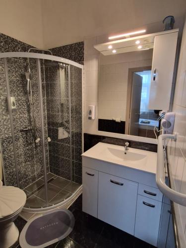a bathroom with a shower and a sink and a toilet at Eitans Guesthouse in Budapest