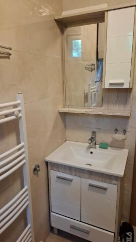 a bathroom with a white sink and a mirror at Quiet apartment in Hadžići