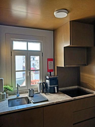 a kitchen with a sink and a laptop on a counter at Green View Studios Coimbra in Coimbra