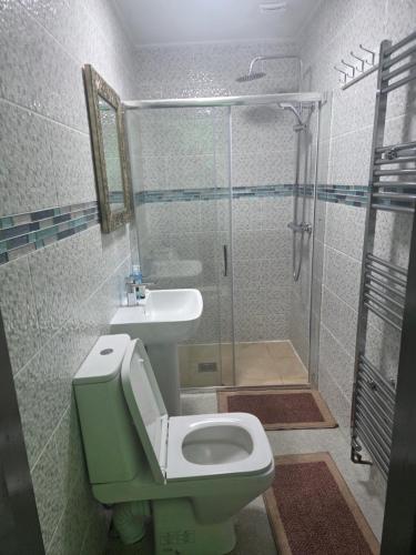 a bathroom with a toilet and a sink and a shower at Ababeel Hotel in Birmingham