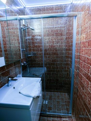 a bathroom with a shower and a sink and a glass shower door at Hotel Kamzík *** in Malá Morávka