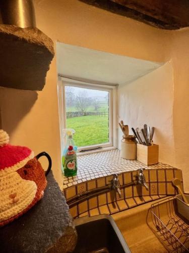 a kitchen counter with a window and a sink at Cissy's Cottage in Hawes