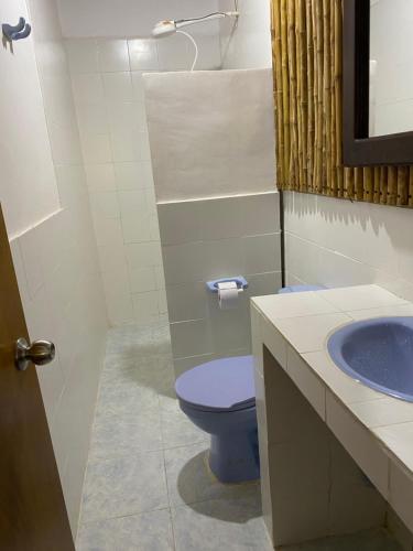 a bathroom with a blue toilet and a sink at Finca Cafetera Madrigal - Café Sortiz in Maravélez