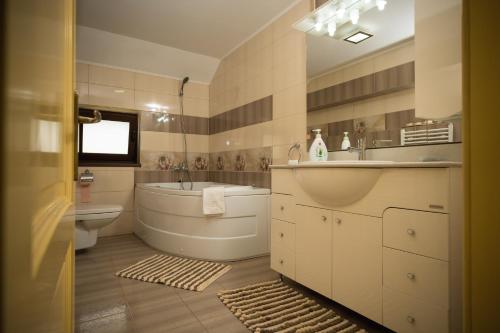 a bathroom with a tub and a sink and a toilet at Vila Medana- Neamt in Humuleşti