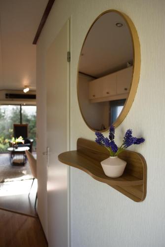 a mirror on a wall with a vase of flowers on a shelf at Huisje Weltevree Gendt in Gendt