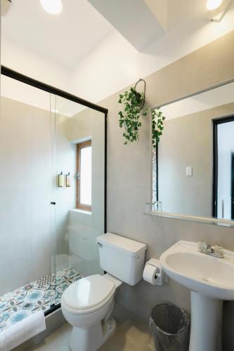 a bathroom with a toilet and a sink at Hostal & Apartments El Triunfo in Cusco