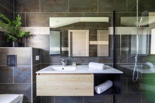 a bathroom with a sink and a shower at Casa u fornu Residence & Spa in LʼÎle-Rousse