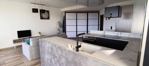 a kitchen with a sink and a counter top at Appartement face golf et océan in Saint-Jean-de-Monts