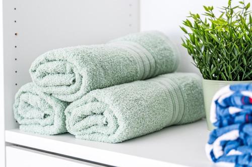a pile of towels on a shelf with a plant at Comfortable & Spacious Mountain Home in Utuado in Cayuco