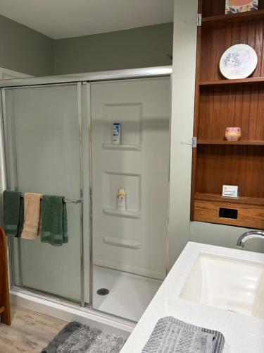 a bathroom with a shower and a sink at Crawford Suite in Meadville