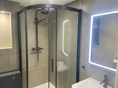 a glass shower in a bathroom with a sink at 34 Surfview Beach House in Newquay