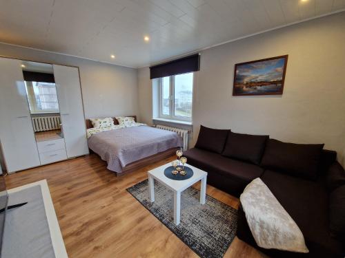 a living room with a couch and a bed at Central Haapsalu Apartment in Haapsalu