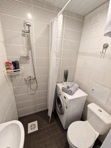 a bathroom with a toilet and a shower and a sink at Central Haapsalu Apartment in Haapsalu
