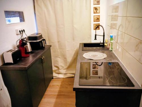 a kitchen with a counter top with a sink at Maisonnette Beauceronne in Eole-en-Beauce