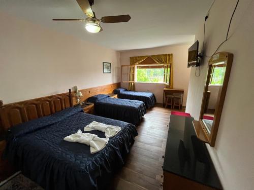 ein Hotelzimmer mit zwei Betten und einem Spiegel in der Unterkunft HS House in La Rioja