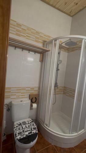 a bathroom with a shower and a toilet with a toilet seat at Chalet Suizo in Arcos de la Frontera