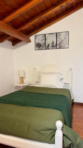 a bedroom with a bed with a green comforter at Santo Cristo Loft in Lajes das Flores