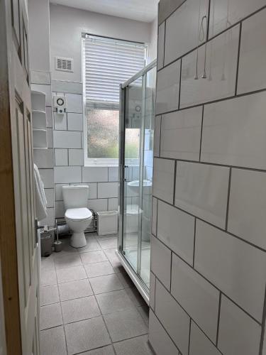a bathroom with a toilet and a glass shower at Spacious Victorian Apt Sleeps 5 Parking available in Nottingham