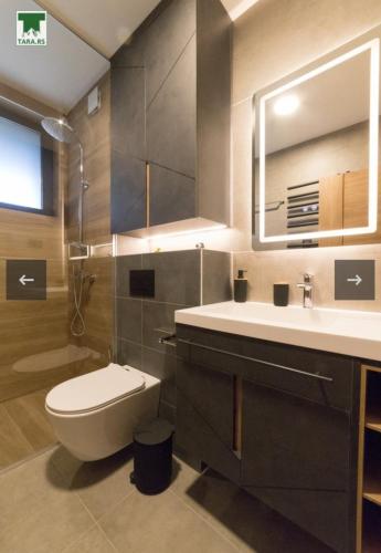 a bathroom with a toilet and a sink and a mirror at Maksim 2 in Iglići